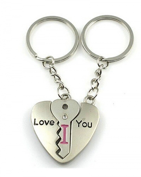 Love You Heart Key Engraved Silver Metal Couple Keyrings Lovers Puzzle Key Chains