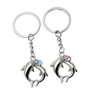 Blue Pink Diamante Dolphins Silver Metal Couple Keyrings Lovers Puzzle Key Chains