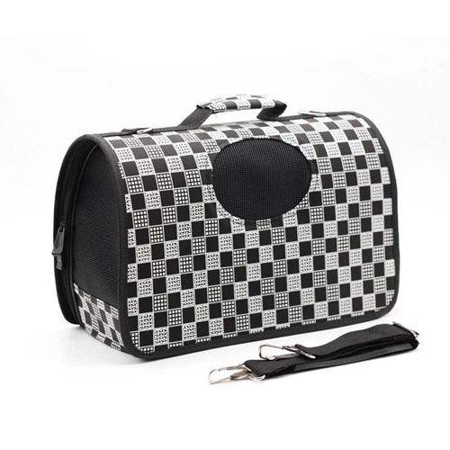 Black White Lattice Pattern Ventilated Pet Travel Bag Cat Carrier Soft Crate Puppies Small Dogs