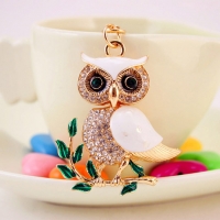 White Owl On Tree Crystal Diamante Rhinestone Bag Charms Handbag Keyrings Pendant Key Chain