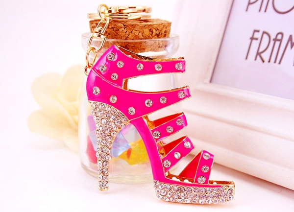 Large Pink High Heeled Shoe Shaped Crystal Diamante Rhinestone Bag Charms Handbag Keyrings Pendant