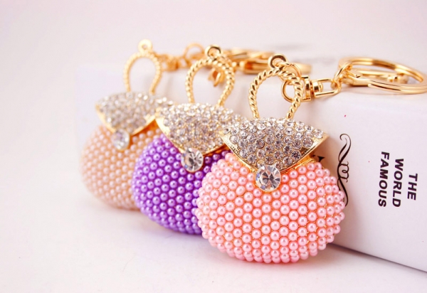 White Pearls Handbag Shaped Crystal Diamante Rhinestone Bag Charms Handbag Keyring Pendant Key Chain