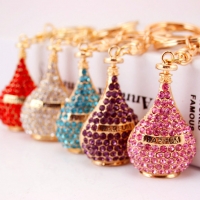 Sparkling Crystal Diamante Gold Perfume Bottle Handbag Charm Bag Pendant Keyring