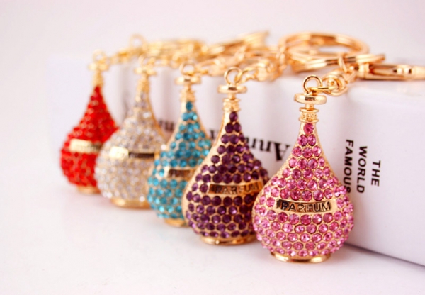 Sparkling Crystal Diamante Gold Perfume Bottle Handbag Charm Bag Pendant Keyring