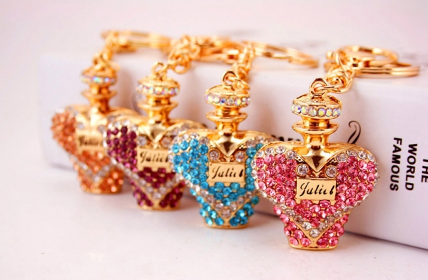 Pink Blue Purple Orange Perfume Bottle Shaped Crystal Diamante Rhinestone Bag Charms Handbag Keyring