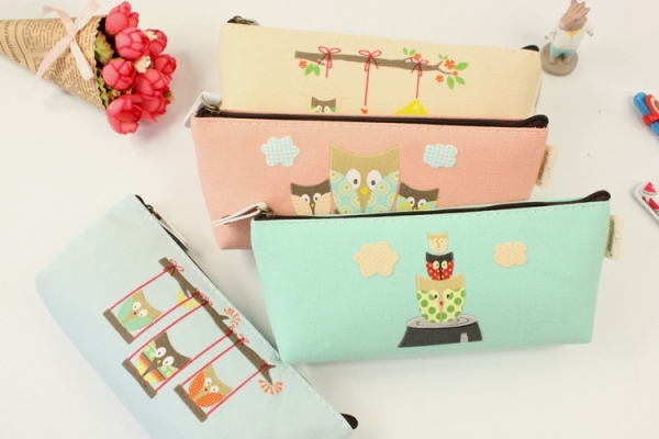Girls Cute Animal Owl Canvas Pencil Case Stationery Cosmetic Make Up Bag Pouch
