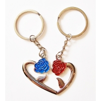 Blue Red Roses Silver Metal Couple Keyrings Set Lovers Puzzle Key Chains Gift