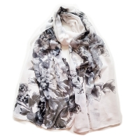Black White Flowers Chiffon Scarf