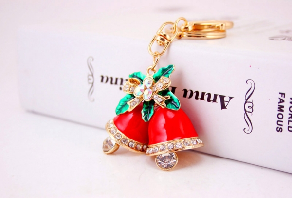 Christmas Jingle Bells Crystal Diamante Bag Charms Handbag Keyrings Pendant