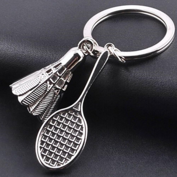Silver Badminton Shuttlecock Racket Keyring Novelty Sports Metal Key Ring Gift