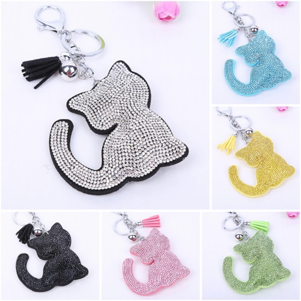 Cute Kitten Cats Leather Crystal Diamante Rhinestone Bag Charms Handbag Keyrings Pendant Key Chain