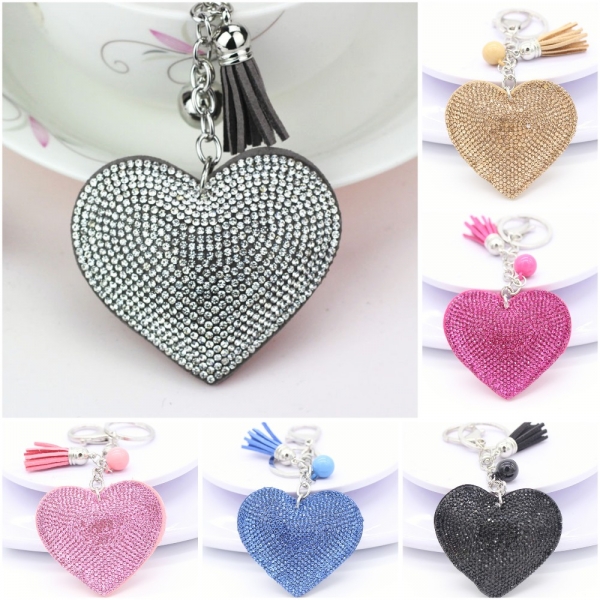 Love Heart Shape PU Leather Crystal Diamante Rhinestone Bag Charms Handbag Keyring Pendant Key Chain