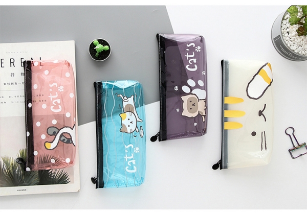 Cute Kitten Cat See Through Transparent Pencil Case Girls Cosmetics Makeup Bag