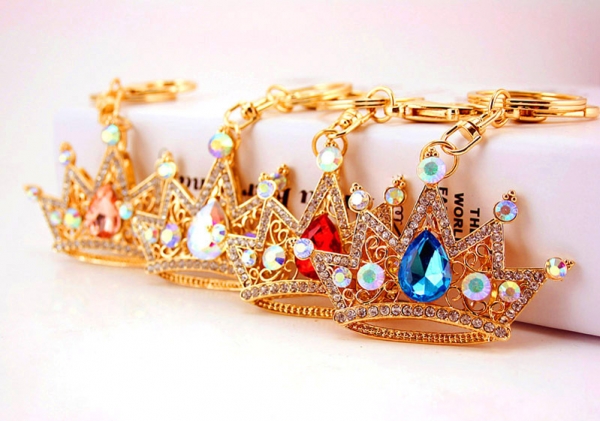 King Queen Royal Crown Crystal Diamante Bag Charms Handbag Keyrings Pendant