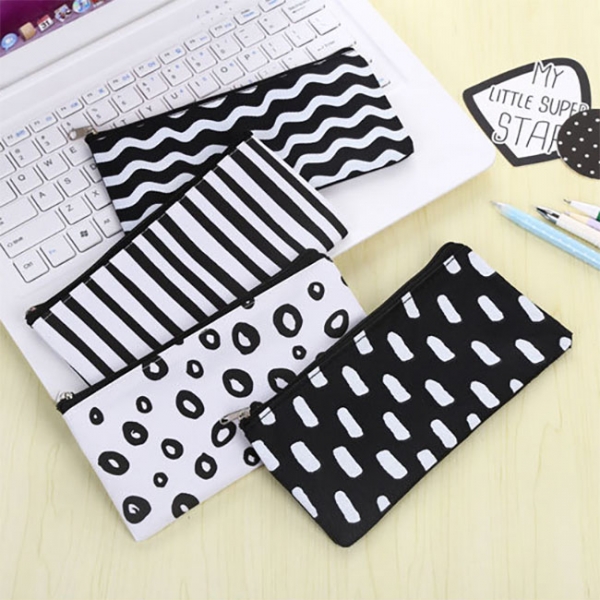 Black White Classic Stripes Patterned Canvas Pencil Cases Cosmetics Makeup Bag