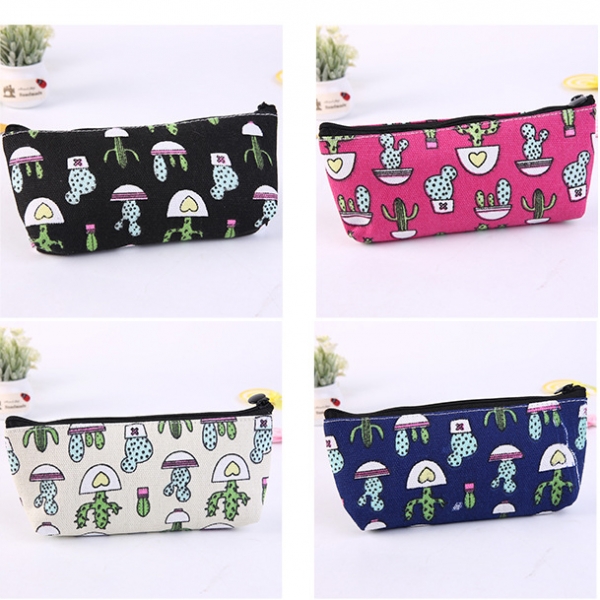 Cute Cactus Plants Canvas Pencil Cases Cosmetics Make Up Bags Pen Pouches