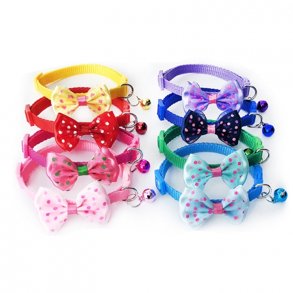 Cute Bow Tie Dots Cat Collar Adjustable Kitten Puppy Dog Pet Bell Snap Buckle