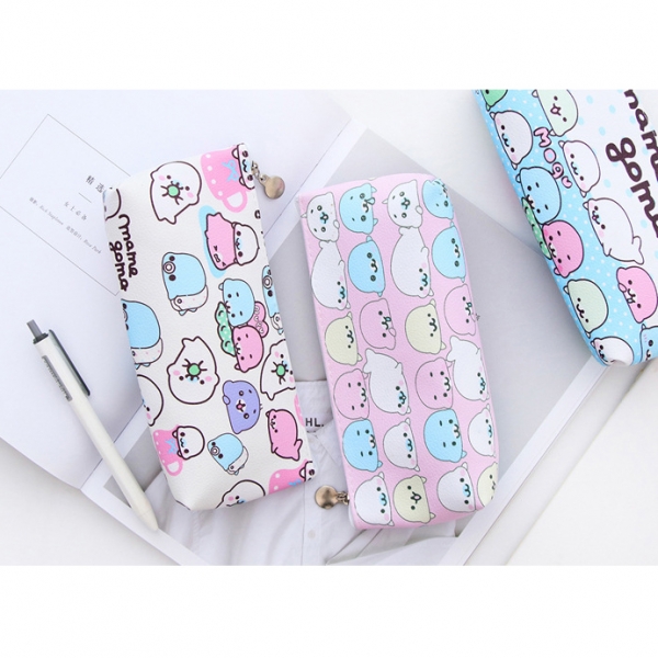 Pink Seals And Animal Friends Patterned Leather Pencil Case Cosmetic Makeup Bags