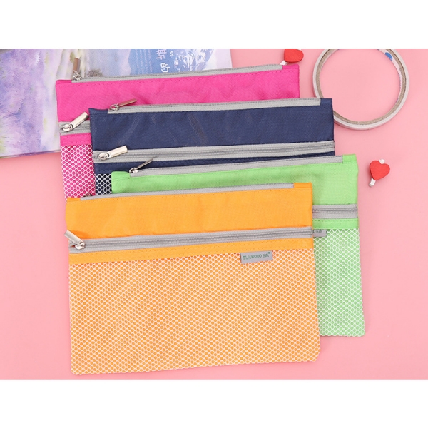 Fashion Colourful Double Pockets Canvas Pencil Case Cosmetic Makeup Bag