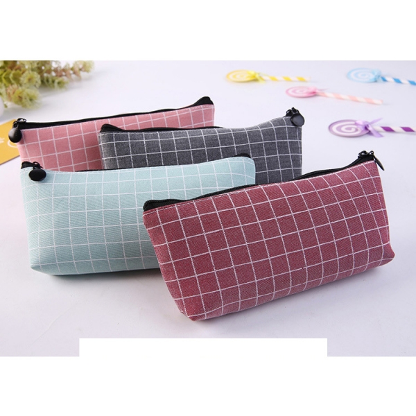 Square Lattice Grid Patterned Canvas Pencil Case Fashion Cosmetic Makeup Bags