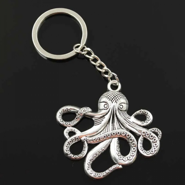 Large Antiqued Silver Octopus Keyring Squid Kraken Sea Monster Animal Vintage